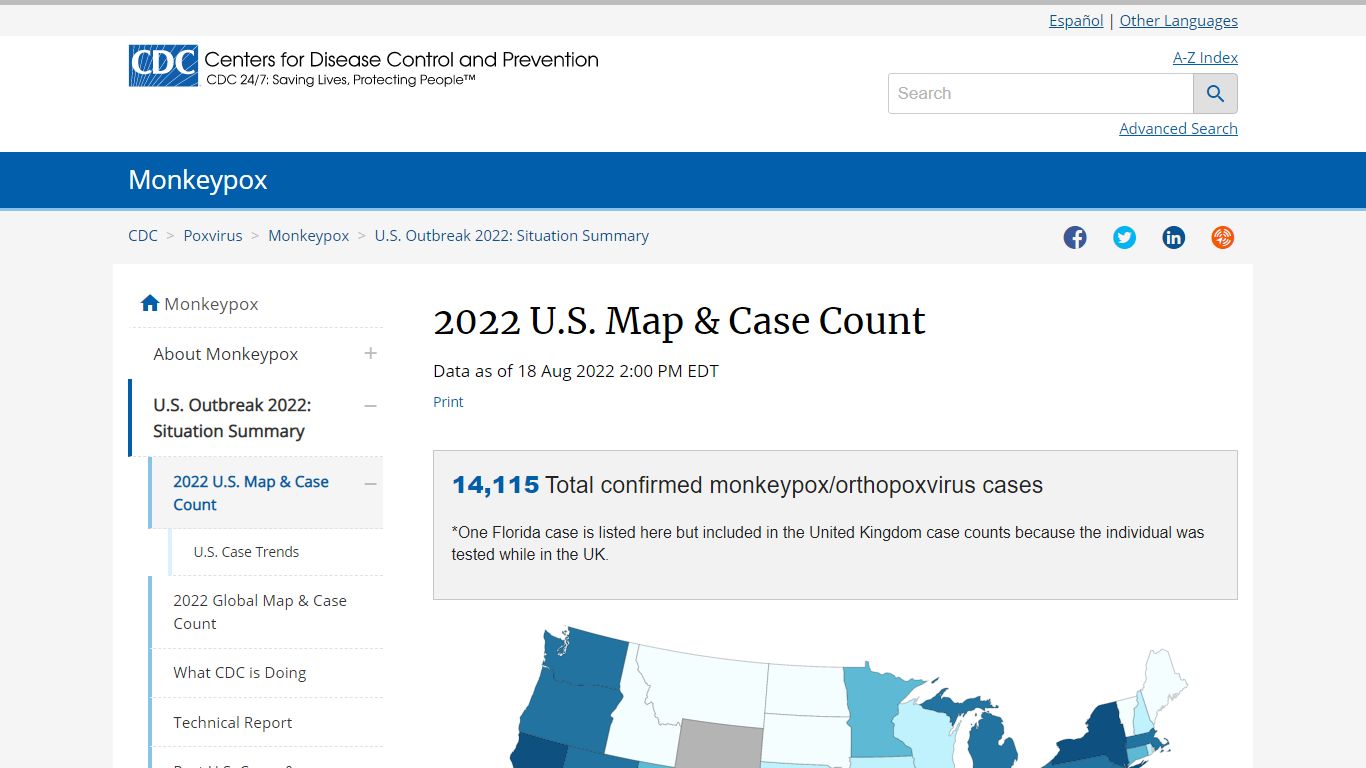 2022 U.S. Map & Case Count | Monkeypox | Poxvirus | CDC